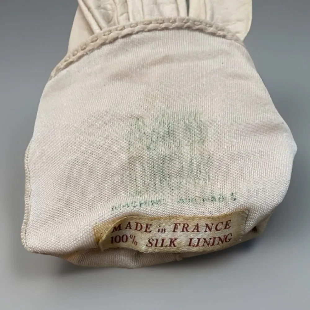 Rare 60s Vintage Christian Dior Leather Gloves Silk Lined Sz Small Ivory Cream